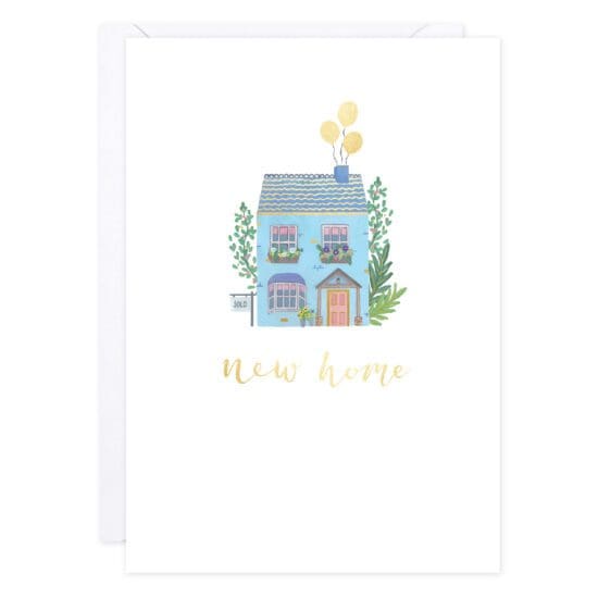 An illustrated two-storied home painted light blue with gold foil details.