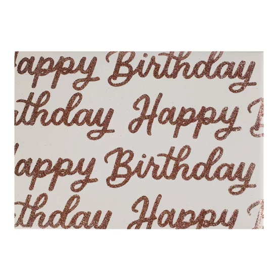 Pink Glitter Happy Birthday Wrapping Paper. Cheerful and sparkling, send your birthday gifts wrapped in this pretty pink glitter happy birthday wrapping paper. 27.5" x 59" continuous roll.