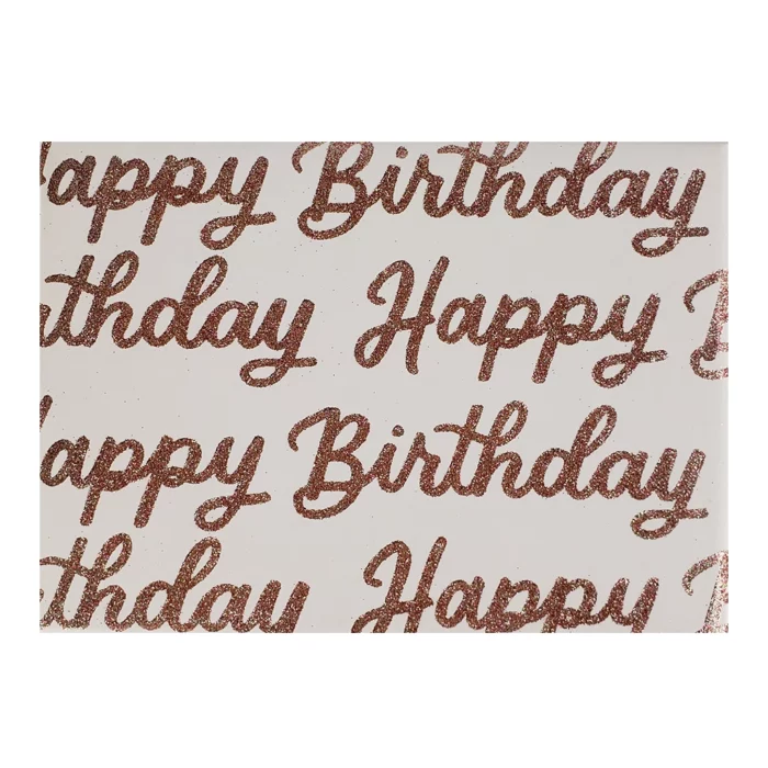 Pink Glitter Happy Birthday Wrapping Paper. Cheerful and sparkling, send your birthday gifts wrapped in this pretty pink glitter happy birthday wrapping paper. 27.5" x 59" continuous roll.