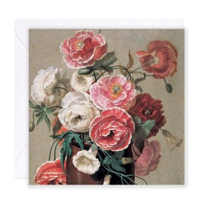 An urn of poppies. The artwork is painted with watercolors over traces of black chalk.