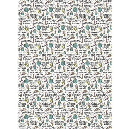 Birthday Celebration Wrapping Paper. Send birthday gifts wrapped in this cheerful paper. Match this wrapping paper with a birthday card and gift ribbons. 27″ x 39” two sheets per roll.