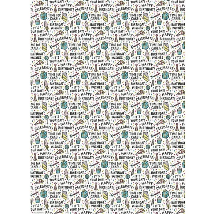 Birthday Celebration Wrapping Paper. Send birthday gifts wrapped in this cheerful paper. Match this wrapping paper with a birthday card and gift ribbons. 27″ x 39” two sheets per roll.