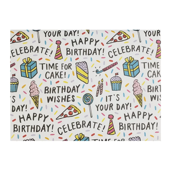 Birthday Celebration Wrapping Paper. Send birthday gifts wrapped in this cheerful paper. Match this wrapping paper with a birthday card and gift ribbons. 27″ x 39” two sheets per roll.