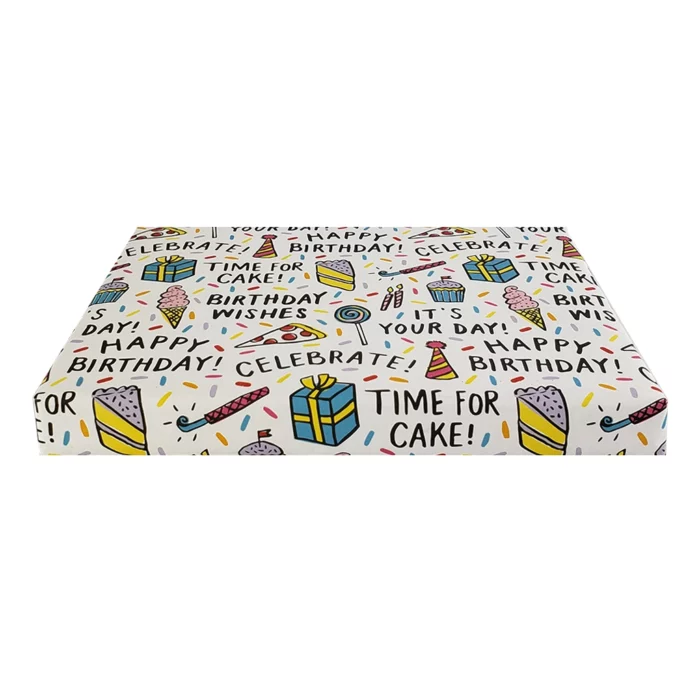 Birthday Celebration Wrapping Paper. Send birthday gifts wrapped in this cheerful paper. Match this wrapping paper with a birthday card and gift ribbons. 27″ x 39” two sheets per roll.