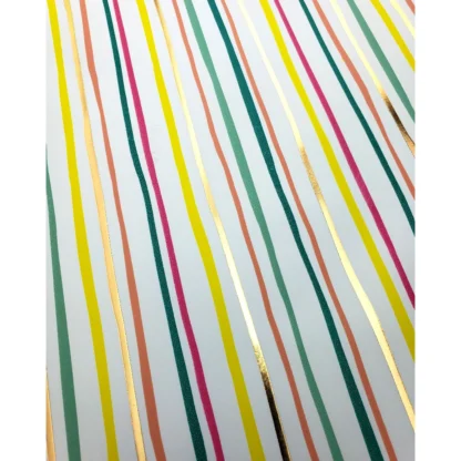 Diagonal Stripe Stone Wrapping Paper. Bright and bold, this fun wrapping paper features multi-colored and metallic diagonal stripes. 30″ x 10′ continuous roll.