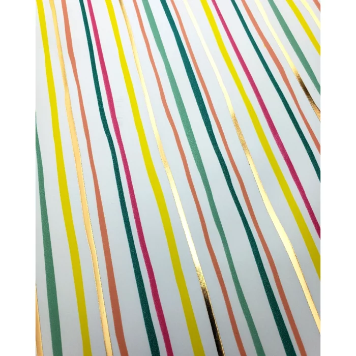 Diagonal Stripe Stone Wrapping Paper. Bright and bold, this fun wrapping paper features multi-colored and metallic diagonal stripes. 30″ x 10′ continuous roll.