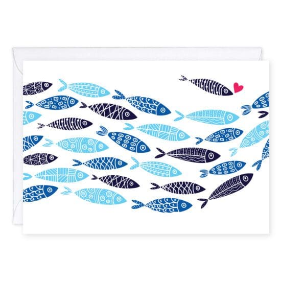 An illustration of a school of love sardine fish swimming. The picture is in shades of blue and black with white accents on a white background.