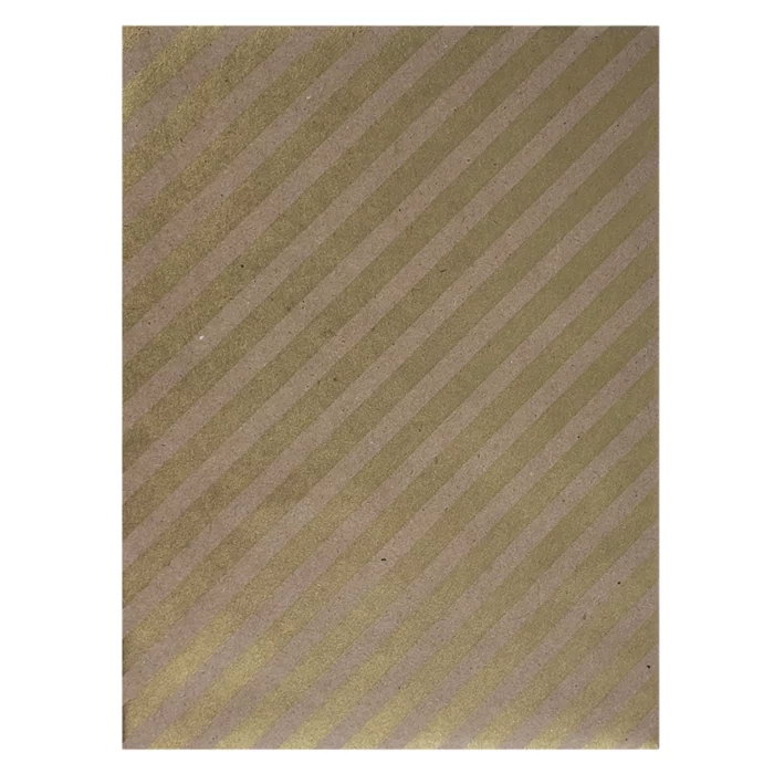 Gold Stripe Wrapping Paper. The paper bag background complements the shimmering gold diagonal stripes. 30″ x 10′ continuous roll.