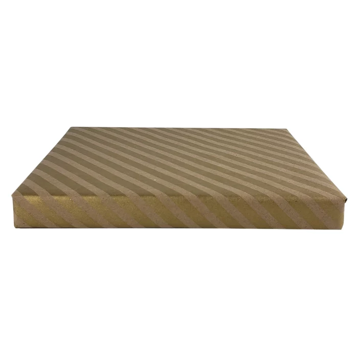 Gold Stripe Wrapping Paper. The paper bag background complements the shimmering gold diagonal stripes. 30″ x 10′ continuous roll.