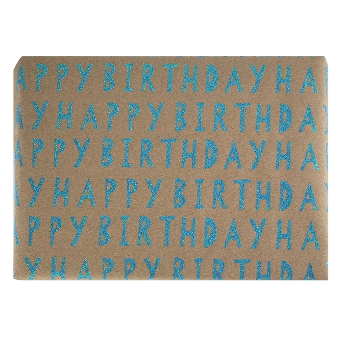 Happy Birthday Wrapping Paper. The paper bag background compliments the blue glitter text. Match this wrapping paper with a birthday card and gift ribbons. 27.5″ x 57″ continuous roll.