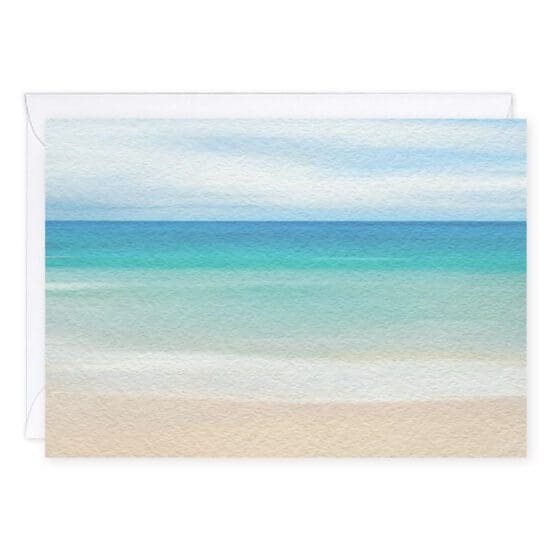 High tides good vibes greeting card illustration shows blue and turquoise water from a beachfront view with a baby blue sky above the ocean.