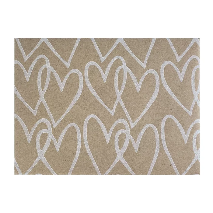 Linked Hearts Iridescent Glitter Wrapping Paper. Simple and beautiful, this linked heart wrapping paper features iridescent glitter hearts on top of kraft paper. 27.5″ x 57″ continuous roll.