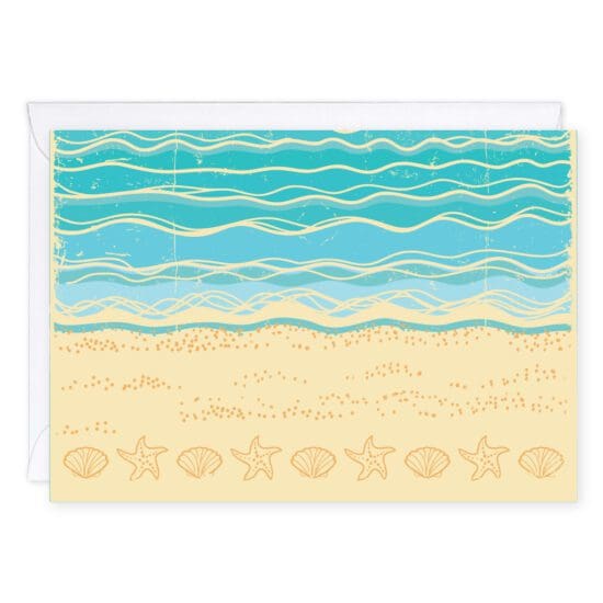 The sea and sun greeting card illustrate the sand and surf. A line of starfish and clam shells line the bottom of the card.