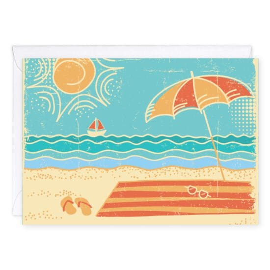 Sea la Vie! Greeting Card is a beach-themed illustration of a day at the beach that shows all the essentials, towel, sunglasses, flip-flops, and umbrella—the bright sun, ocean, and sailboat show from the shore.