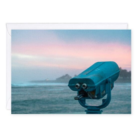 Seas the day greeting card is an image of a viewfinder on the Santa Cruz Municipal Wharf in the morning, looking towards Steamer's Lane surf spot, and the lighthouse is in the background.