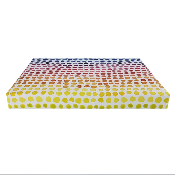 Watercolor Rainbow Dots Wrapping Paper. This bright and cheerful gift wrapping paper corresponds beautifully with our tissue papers, gift ribbons, and more. 27″ x 39” two sheets per roll